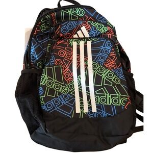 Adidas Backpack Unisex Black Multi Logo Print 3-Stripes School Bag 17"‎